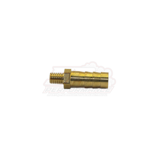 Side view of M6 x 1.0 male metric to 8mm barb brass fitting showing threaded end and ribbed hose barb