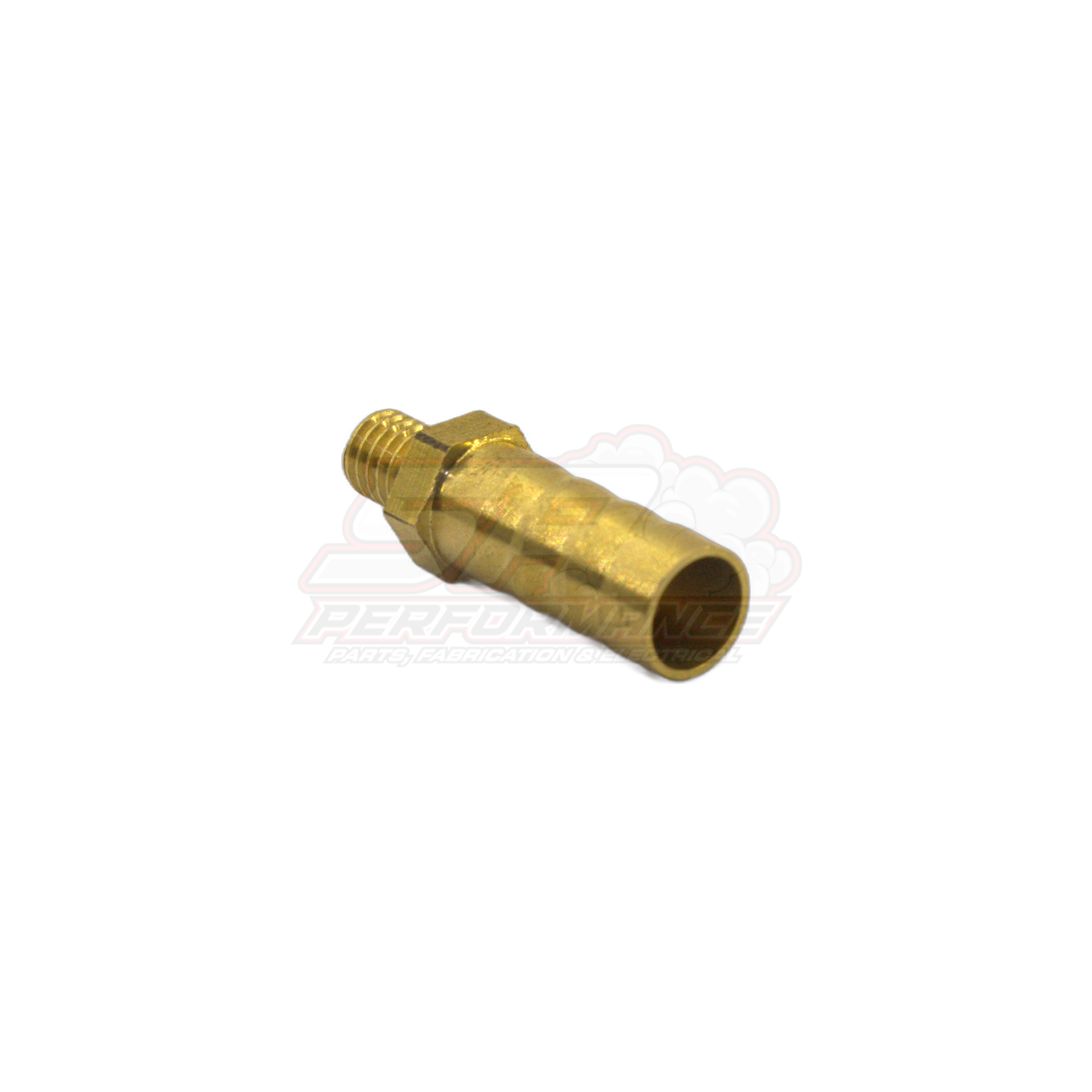 Side angle view of M6 x 1.0 male metric to 8mm barb brass fitting showing threaded end and ribbed barb connection