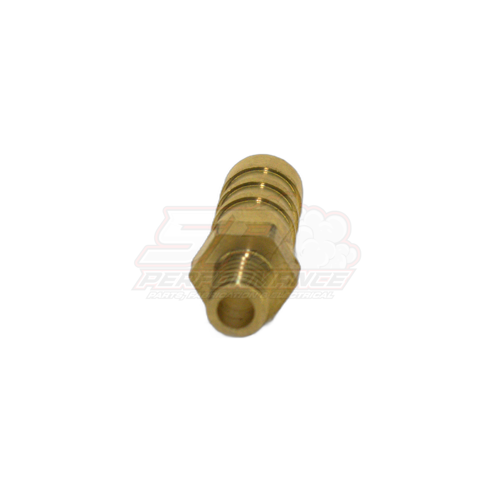 M6 x 1.0 male metric thread to 8mm barb brass fitting shown in angled end-on view with hexagonal threaded section and barbed hose tail visible