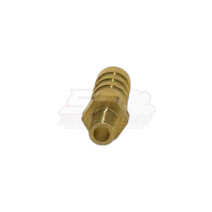 M6 x 1.0 male metric thread to 8mm barb brass fitting shown in angled end-on view with hexagonal threaded section and barbed hose tail visible