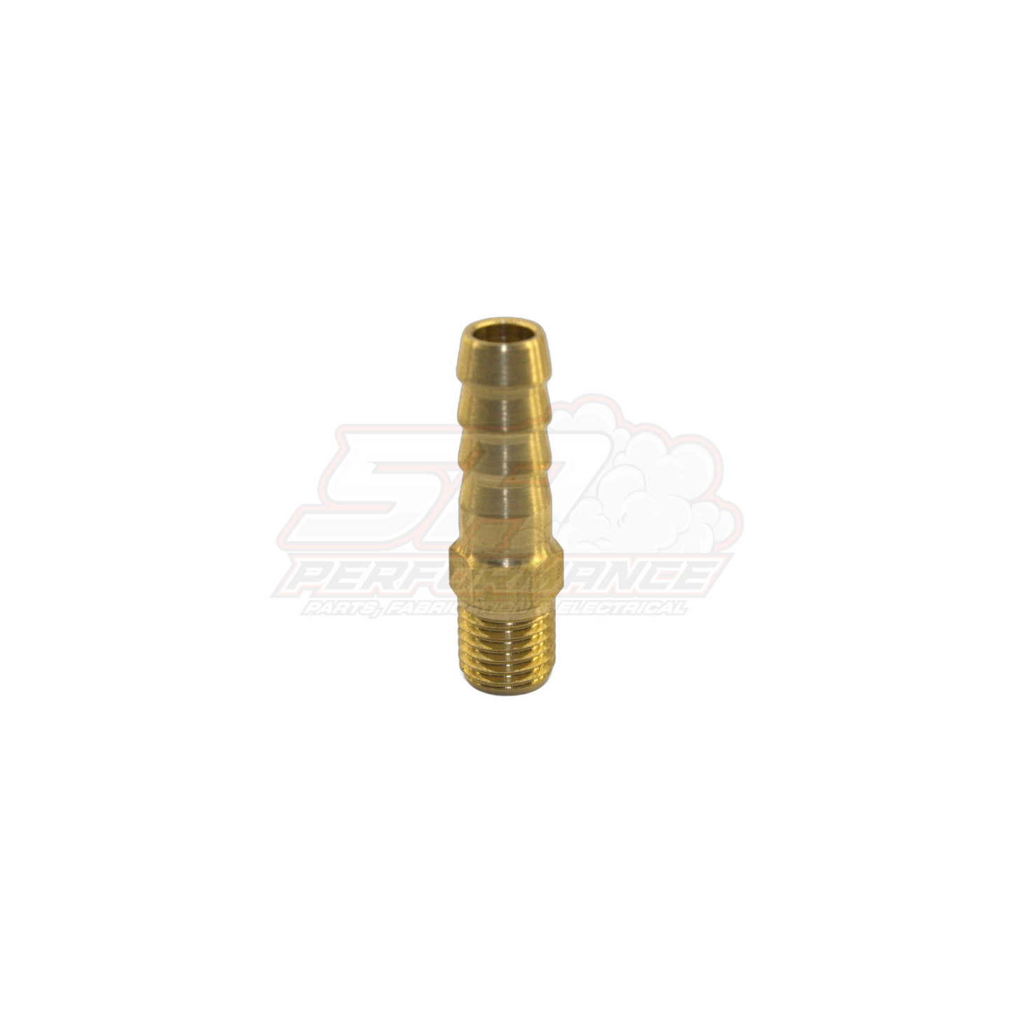 Brass M8x1.0 male metric to 6mm 1/4 inch barb fitting showing threaded end and multi-ribbed barb section