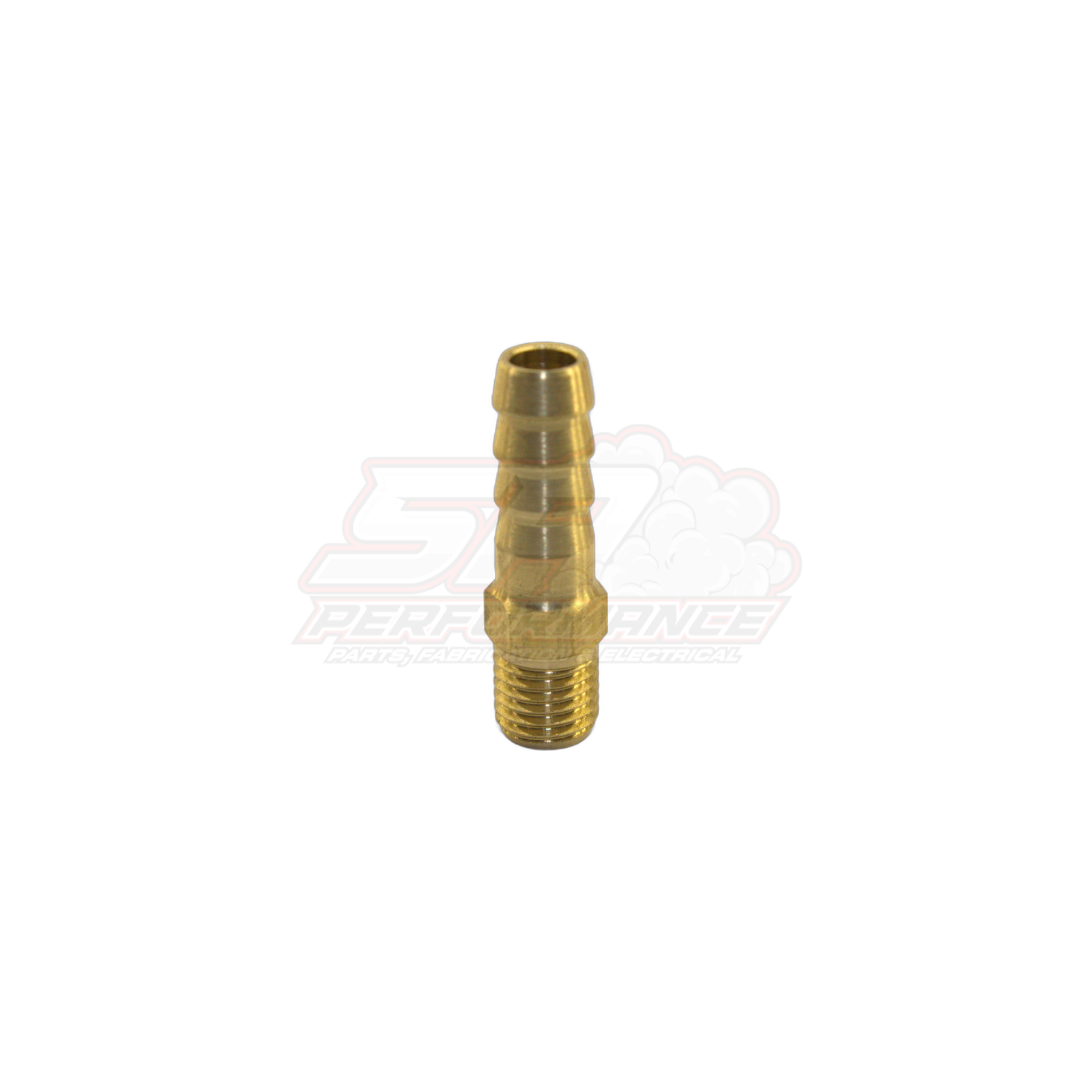 Brass M8x1.0 male metric to 6mm 1/4 inch barb fitting showing threaded end and multi-ribbed barb section
