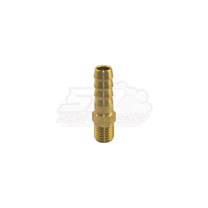 Brass M8x1.0 male metric to 6mm 1/4 inch barb fitting showing threaded end and multi-ribbed barb section