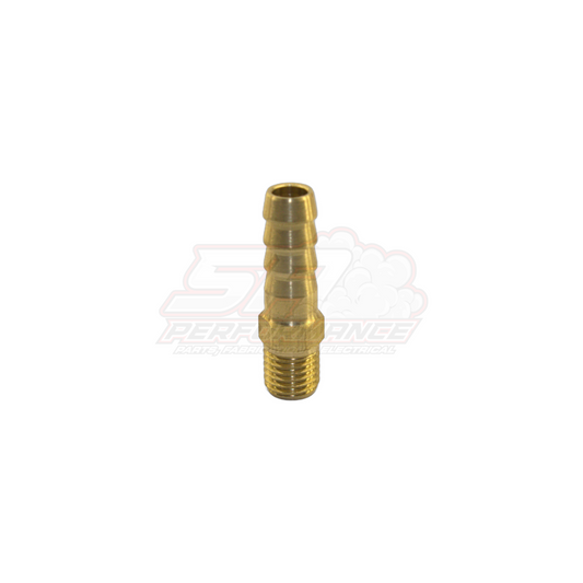 Brass M8x1.0 male metric to 6mm 1/4 inch barb fitting showing threaded end and multi-ribbed barb section