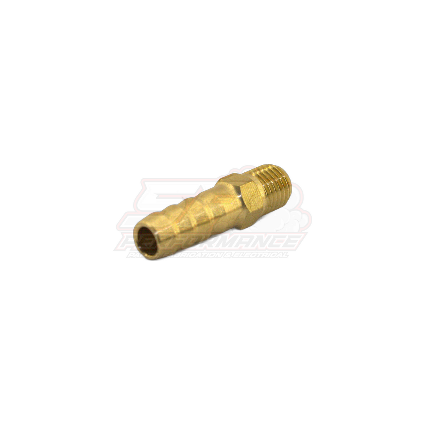 Angled side view of M8x1.0 male metric to 6mm barb brass fitting showing threaded end and stepped barb connector