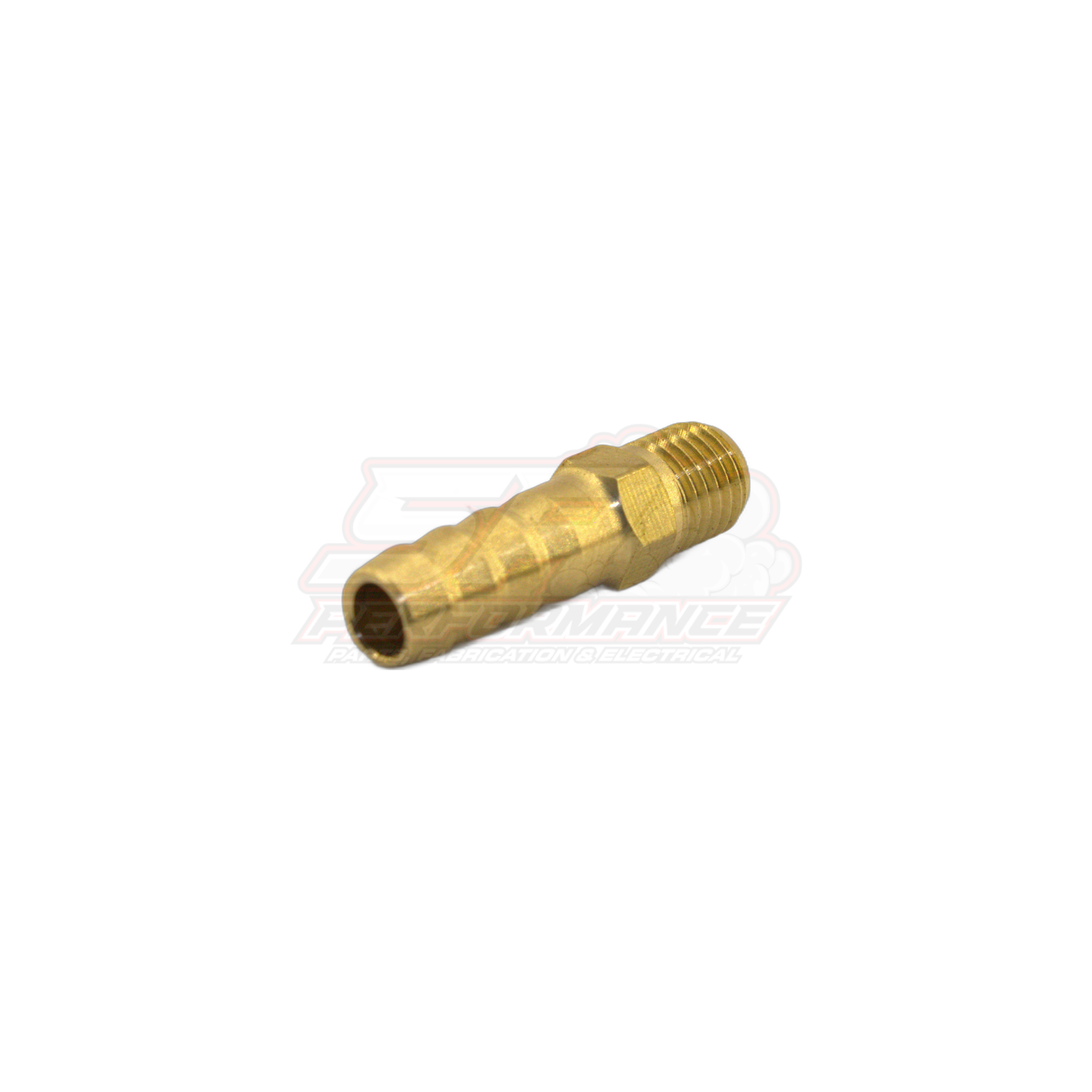 Angled side view of M8x1.0 male metric to 6mm barb brass fitting showing threaded end and stepped barb connector