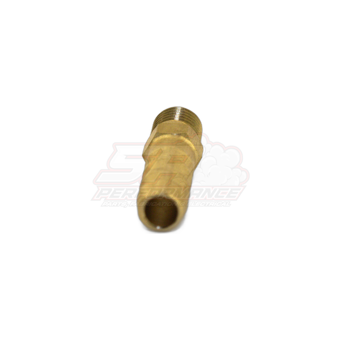 Angled view of M8x1.0 male metric to 6mm 1/4 inch barb brass fitting showing threaded end and barbed hose tail