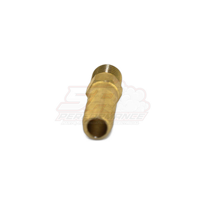 Angled view of M8x1.0 male metric to 6mm 1/4 inch barb brass fitting showing threaded end and barbed hose tail