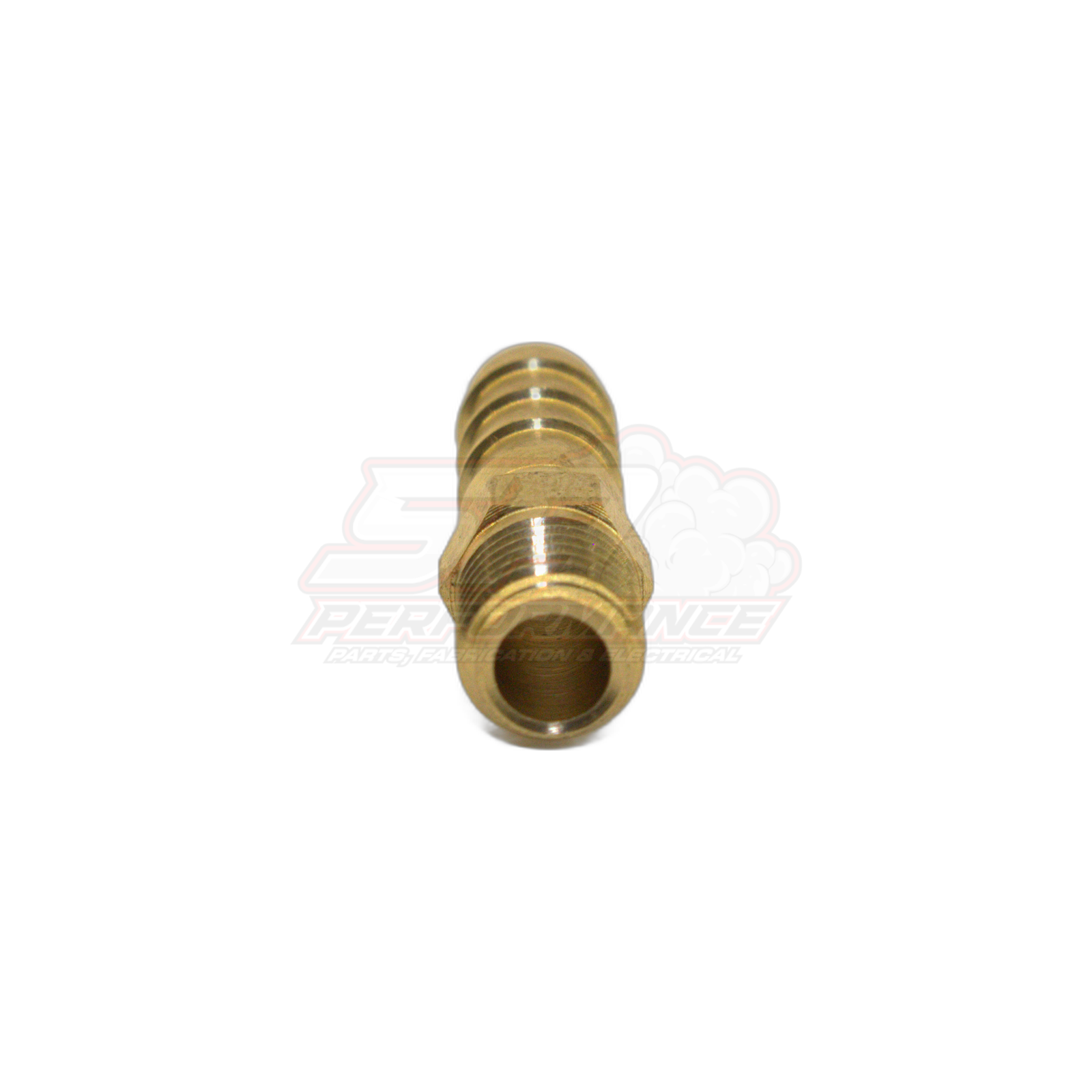 Angled view of M8x1.0 male metric brass barb fitting showing threaded end and hollow bore for 6mm barb connection