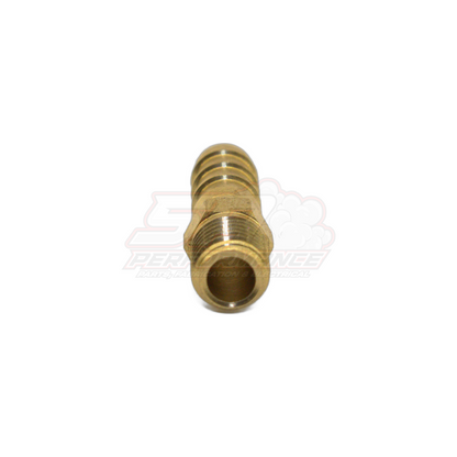Angled view of M8x1.0 male metric brass barb fitting showing threaded end and hollow bore for 6mm barb connection