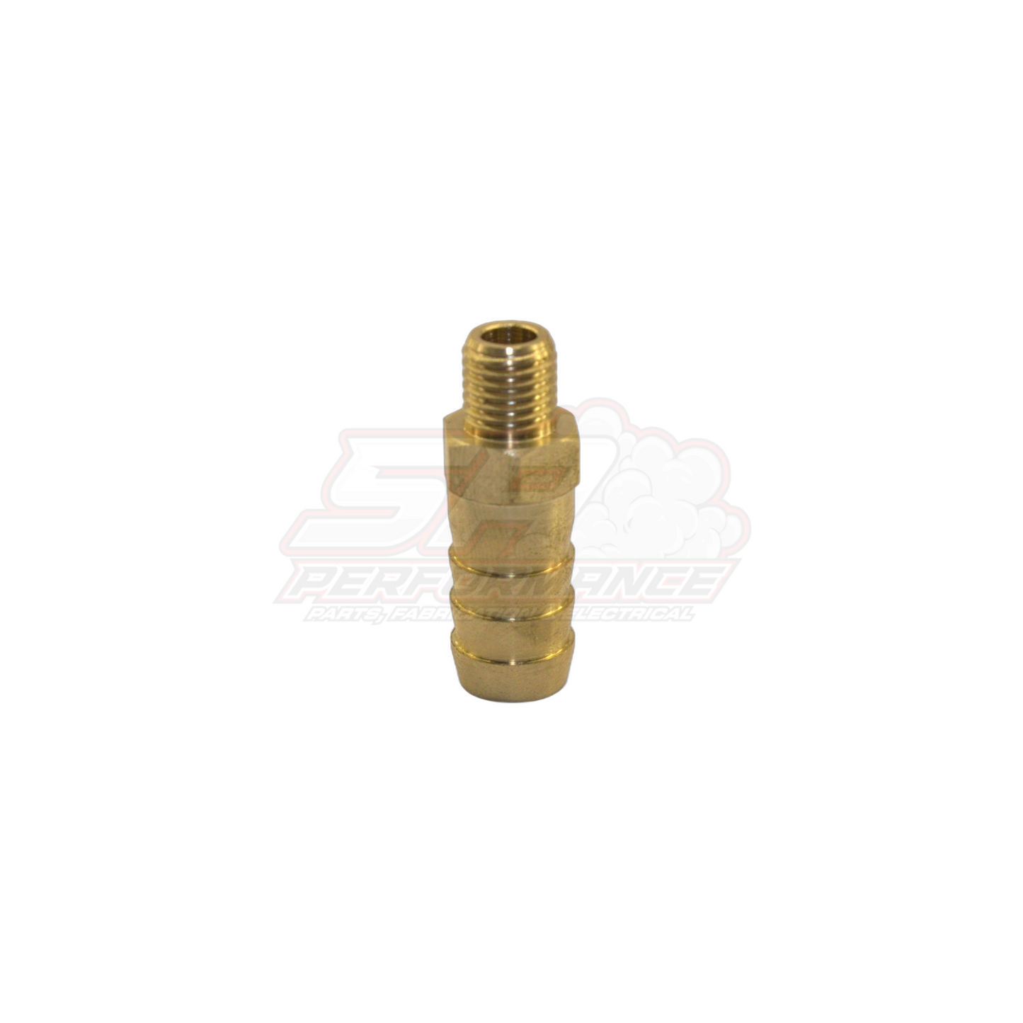 M8x1.0 male metric thread to 10mm 3/8 inch barb brass fitting angled side view showing threaded end and ribbed barb