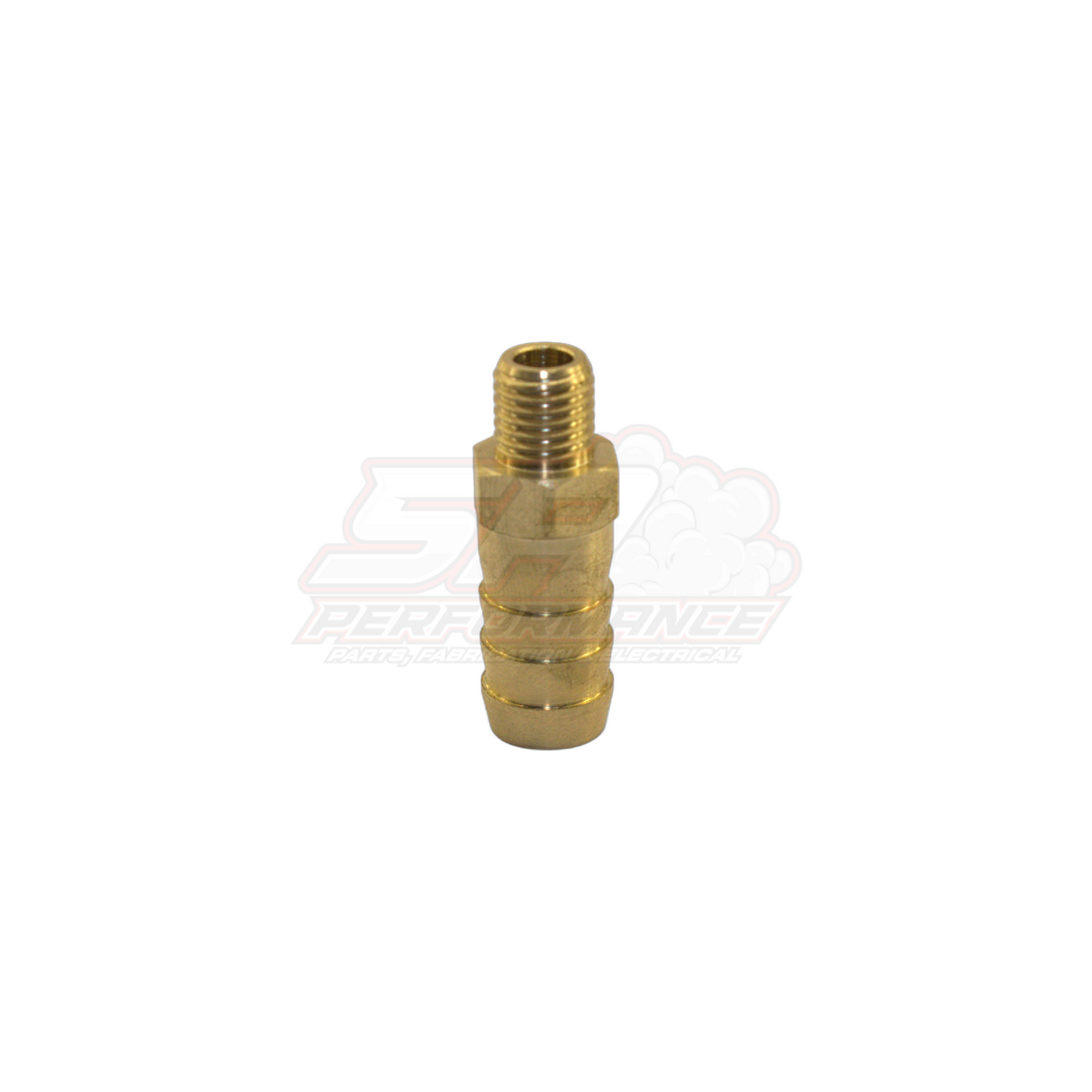 M8x1.0 male metric thread to 10mm 3/8 inch barb brass fitting angled side view showing threaded end and ribbed barb