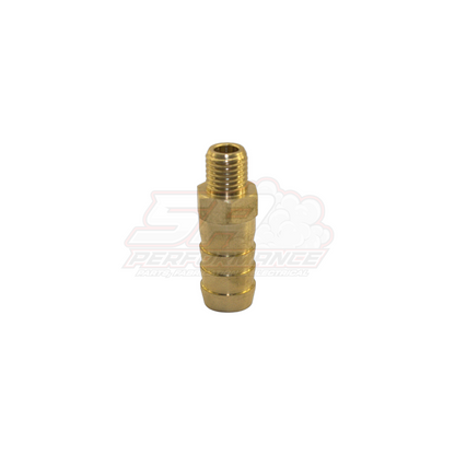 M8x1.0 male metric thread to 10mm 3/8 inch barb brass fitting angled side view showing threaded end and ribbed barb