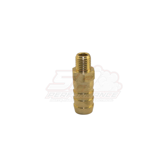 M8x1.0 male metric thread to 10mm 3/8 inch barb brass fitting angled side view showing threaded end and ribbed barb