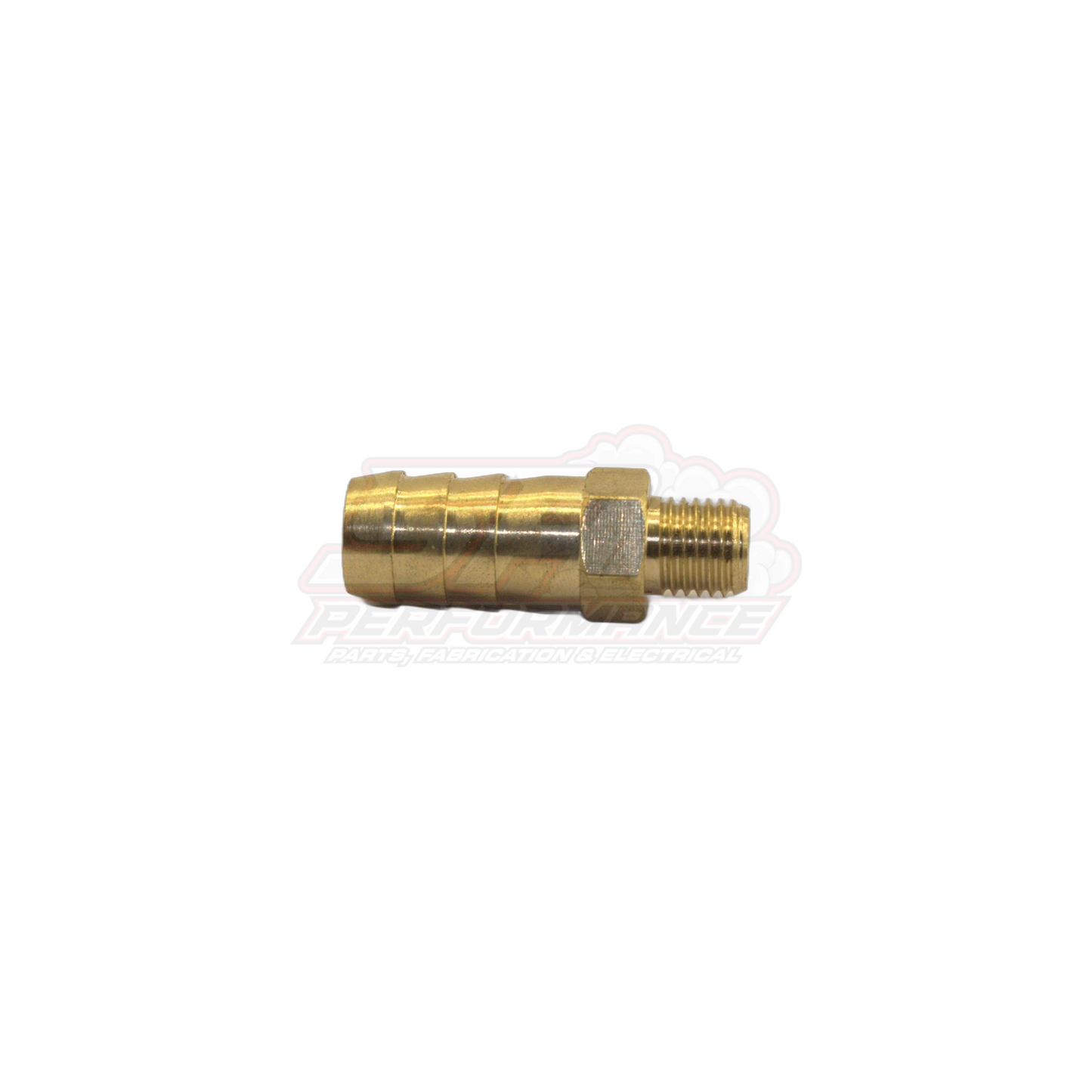 Side angle view of brass M8x1.0 male metric to 10mm 3/8 inch barb fitting showing threaded and hose barb ends