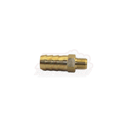 Side angle view of brass M8x1.0 male metric to 10mm 3/8 inch barb fitting showing threaded and hose barb ends