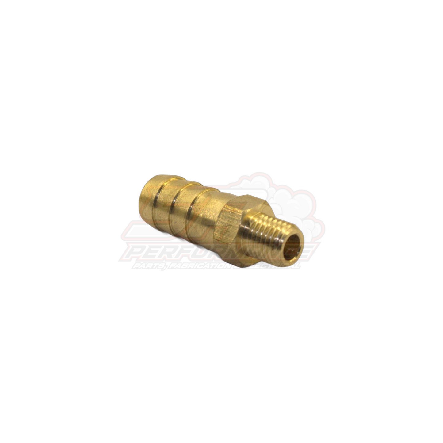 Side angle view of brass M8x1.0 male metric to 10mm 3/8 inch barb fitting showing threaded end and ribbed barb section