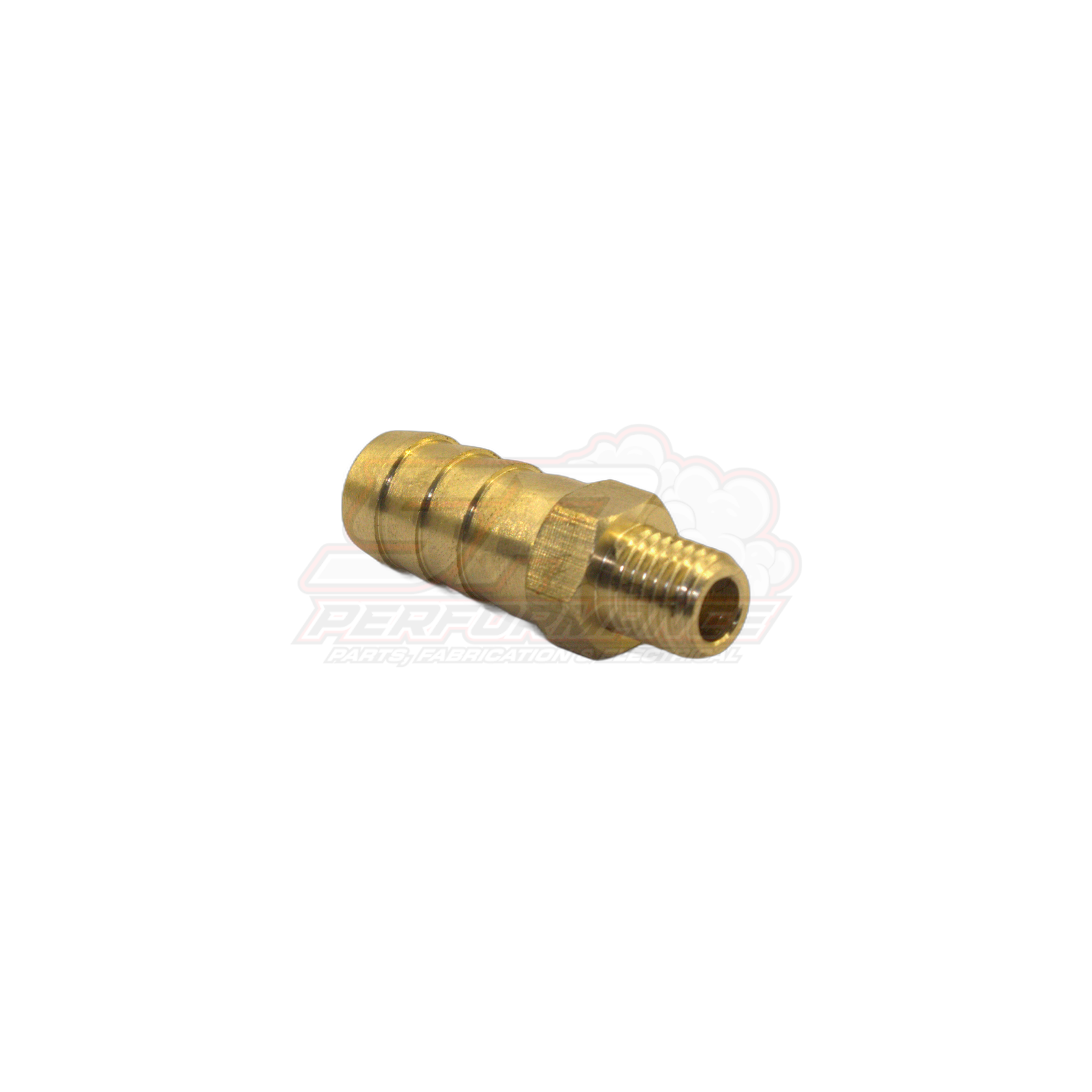 Side angle view of brass M8x1.0 male metric to 10mm 3/8 inch barb fitting showing threaded end and ribbed barb section