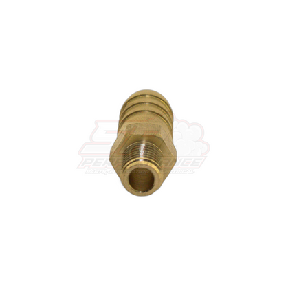 Angled view of M8x1.0 male metric to 10mm 3/8 inch barb brass fitting showing threaded end and three raised barb ridges