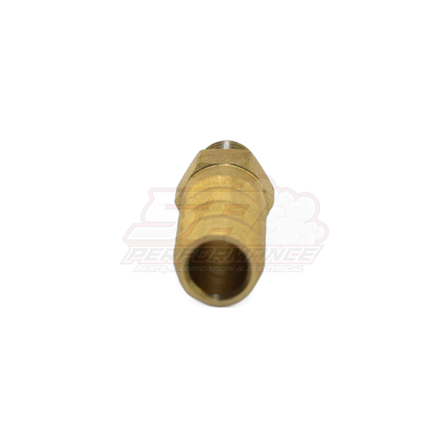 M8x1.0 male metric to 10mm 3/8 inch barb brass fitting angled view showing threaded end and hollow barb connection