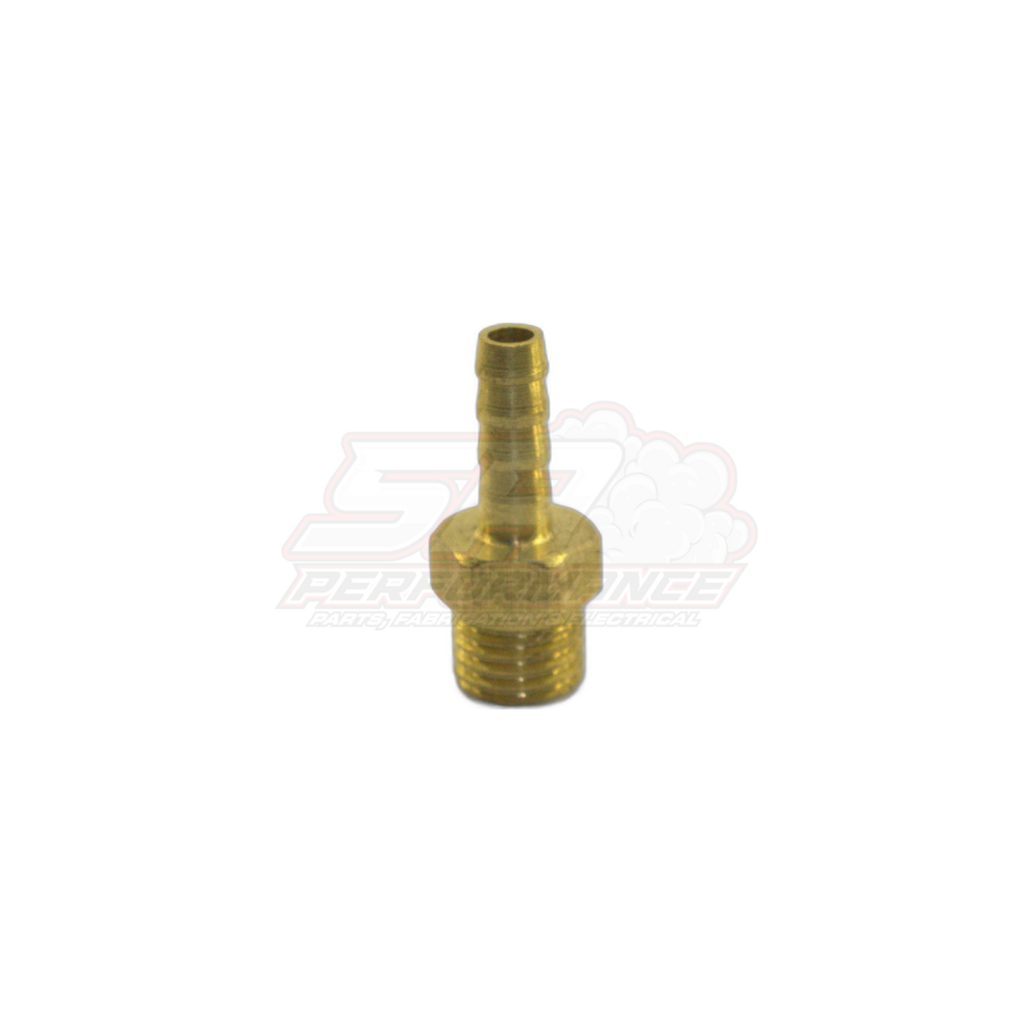 M8 x 1.0 male metric to 4mm brass barb fitting shown in angled front view with threaded base and ribbed barb stem visible
