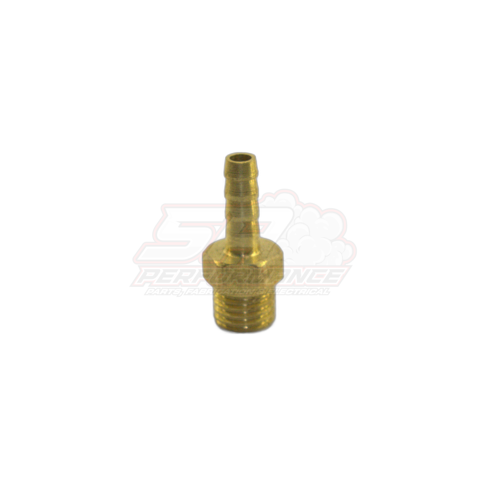 M8 x 1.0 male metric to 4mm brass barb fitting shown in angled front view with threaded base and ribbed barb stem visible