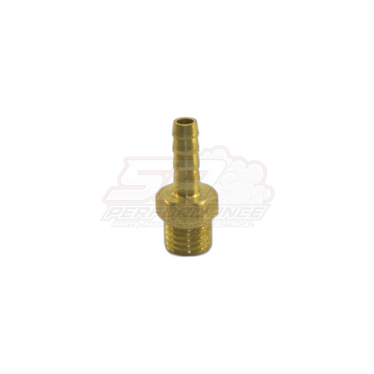 M8 x 1.0 male metric to 4mm brass barb fitting shown in angled front view with threaded base and ribbed barb stem visible
