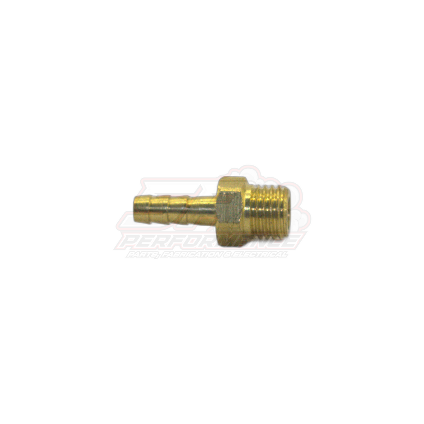 Brass M8 x 1.0 male metric to 4mm barb adapter fitting angled view showing threaded end and barbed hose connection