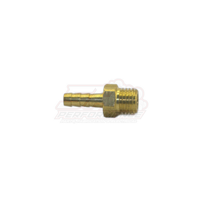 Brass M8 x 1.0 male metric to 4mm barb adapter fitting angled view showing threaded end and barbed hose connection
