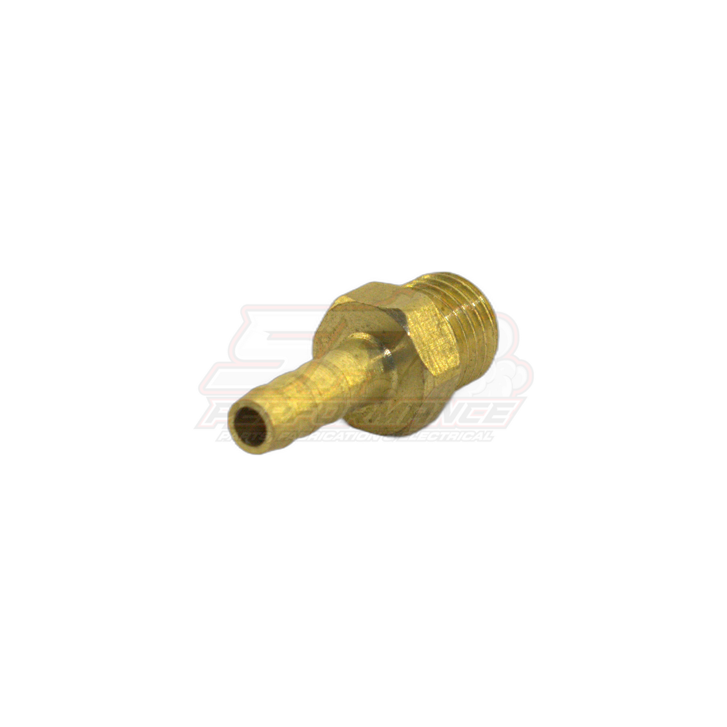 Brass M8 x 1.0 male metric to 4mm barb adapter fitting angled side view showing threaded hex body and tapered hose barb