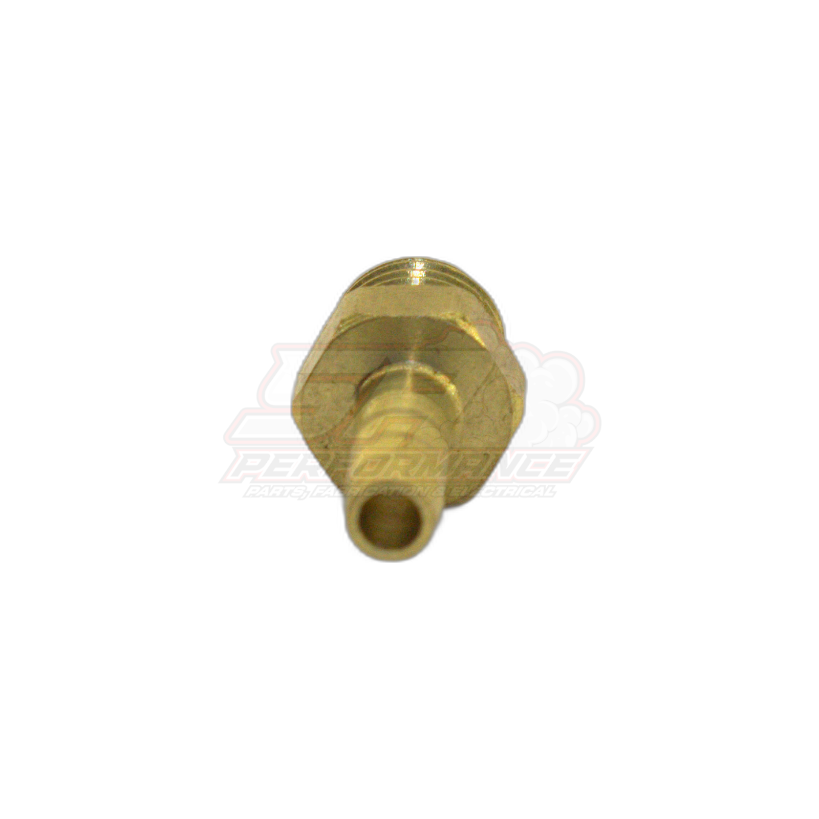 End-on view of M8 x 1.0 male metric to 4mm barb brass fitting showing hexagonal flats and threaded inlet