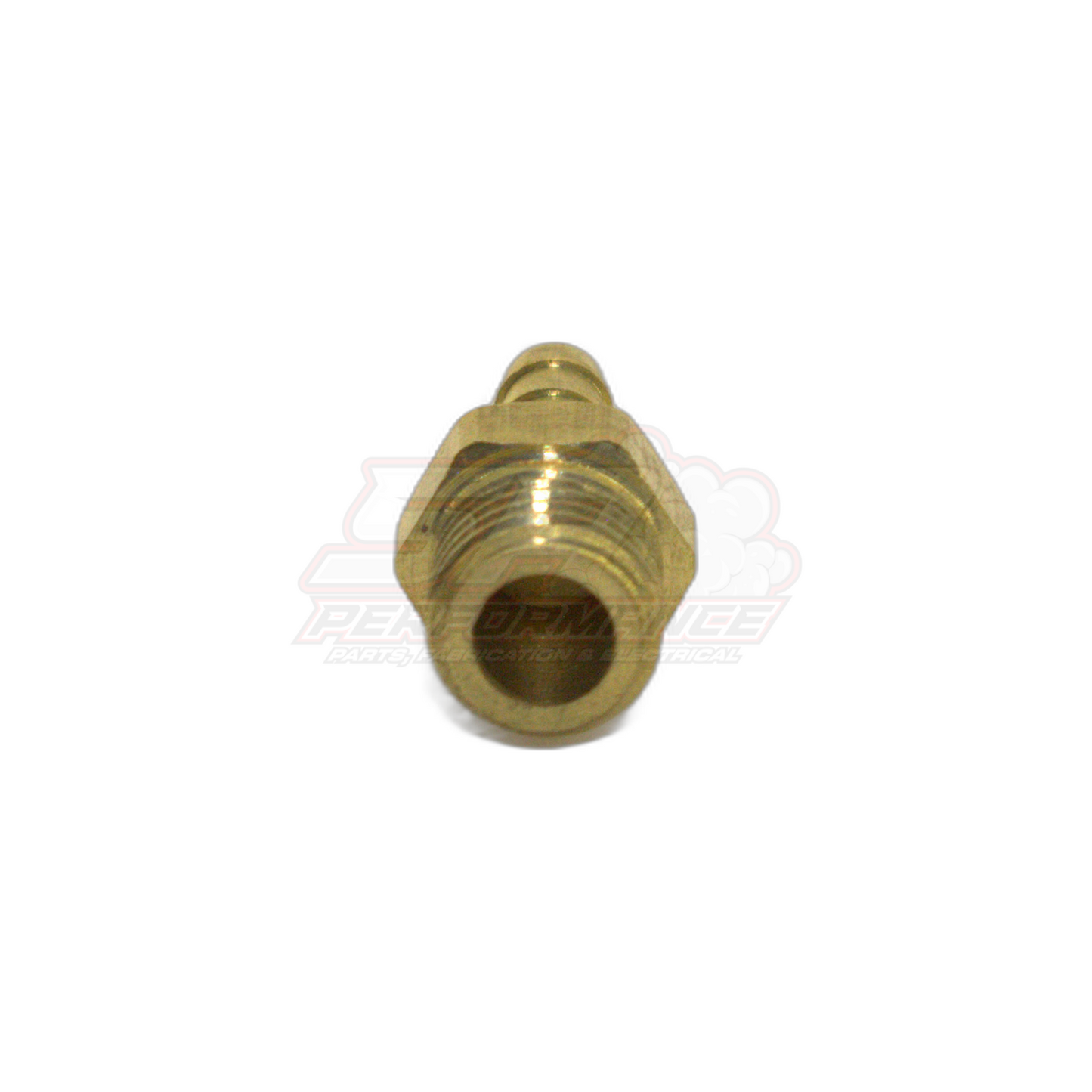 M8 x 1.0 male metric to 4mm barb brass fitting front angled view showing internal bore and external threads