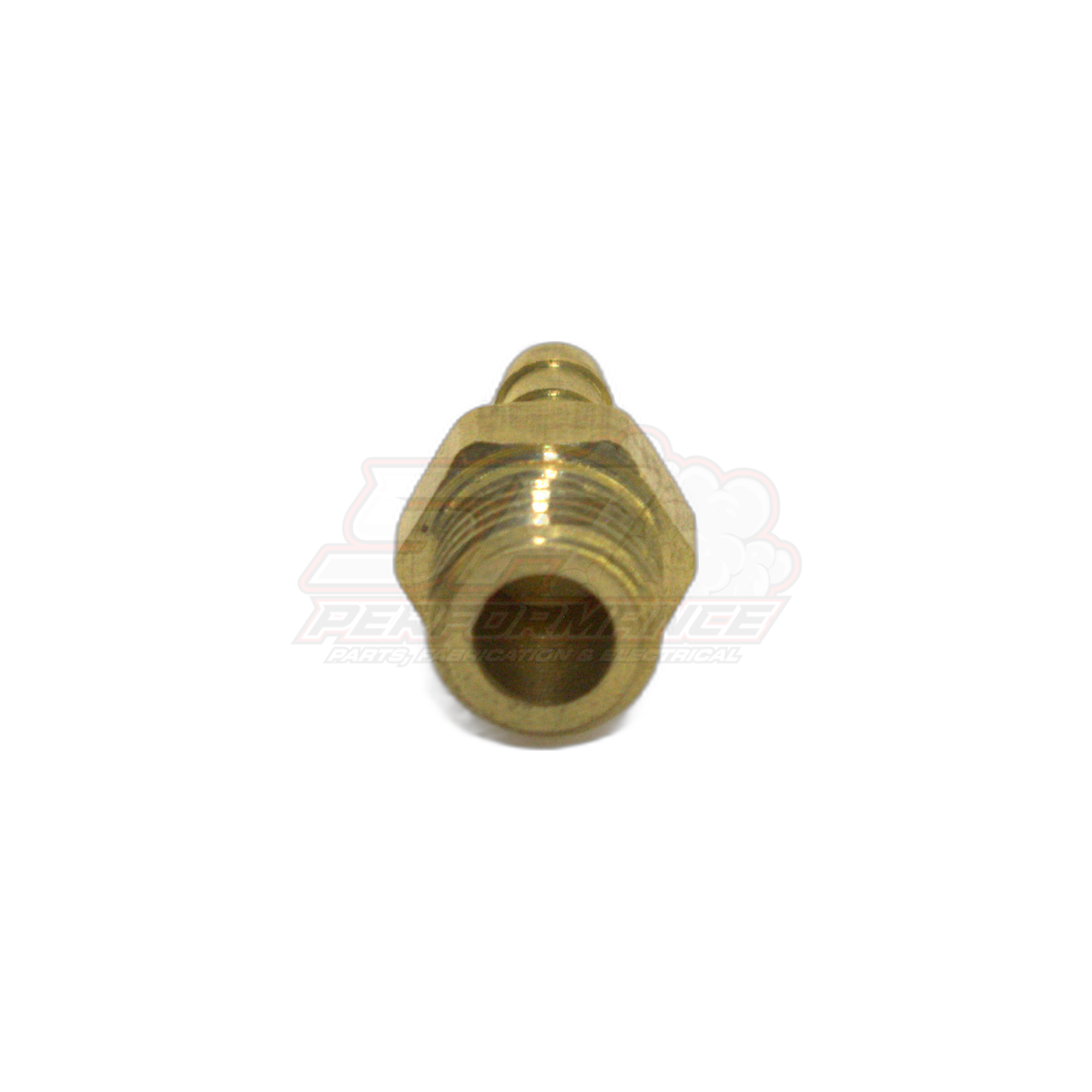 M8 x 1.0 male metric to 4mm barb brass fitting front angled view showing internal bore and external threads