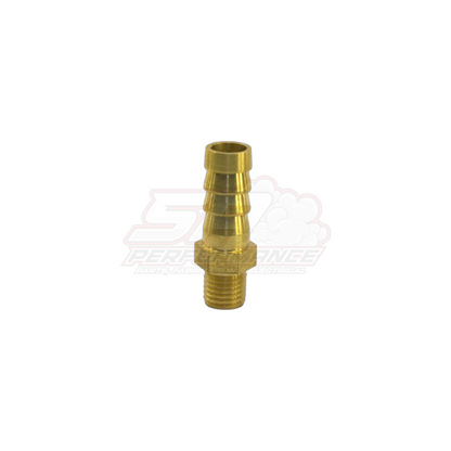 Side angle view of brass M8 x 1.0 male metric to 8mm barb hose fitting showing threaded end and stepped barb