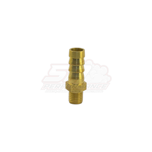 Side angle view of brass M8 x 1.0 male metric to 8mm barb hose fitting showing threaded end and stepped barb