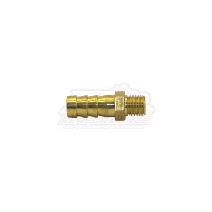Brass M8 x 1.0 male metric to 8mm barb fitting side view showing threaded end and stepped barb connection