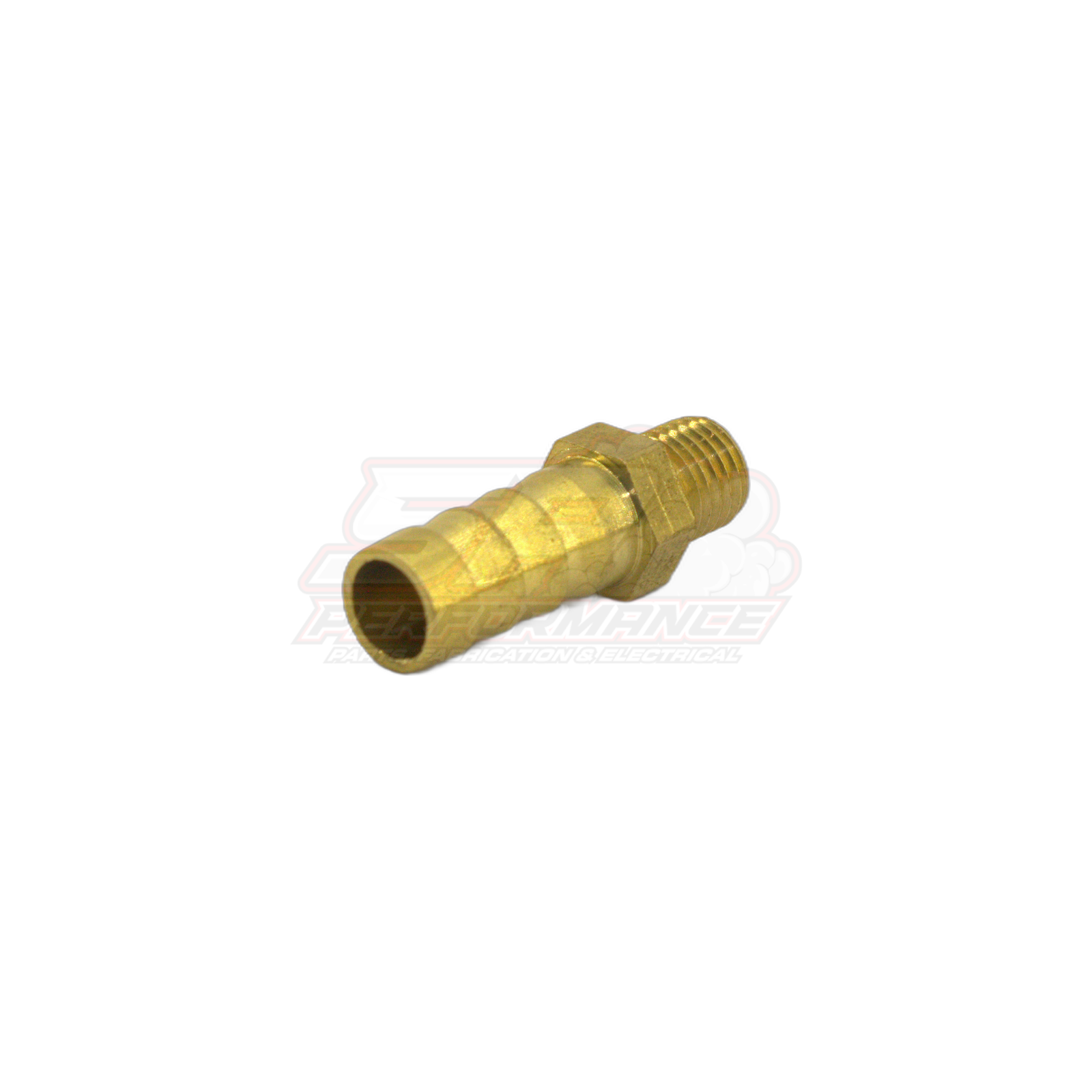 M8 x 1.0 male metric thread to 8mm barb brass fitting shown at angled side view with visible external threading and stepped barb end
