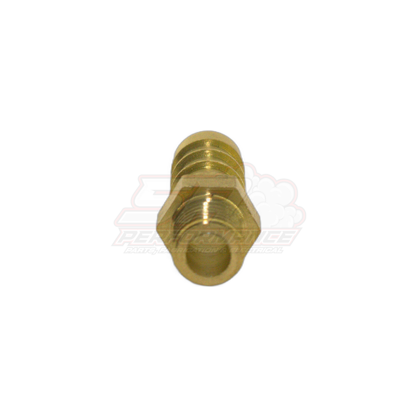 Brass M8 x 1.0 male metric to 8mm barb fitting angled view showing threaded end and hexagonal body with hollow bore