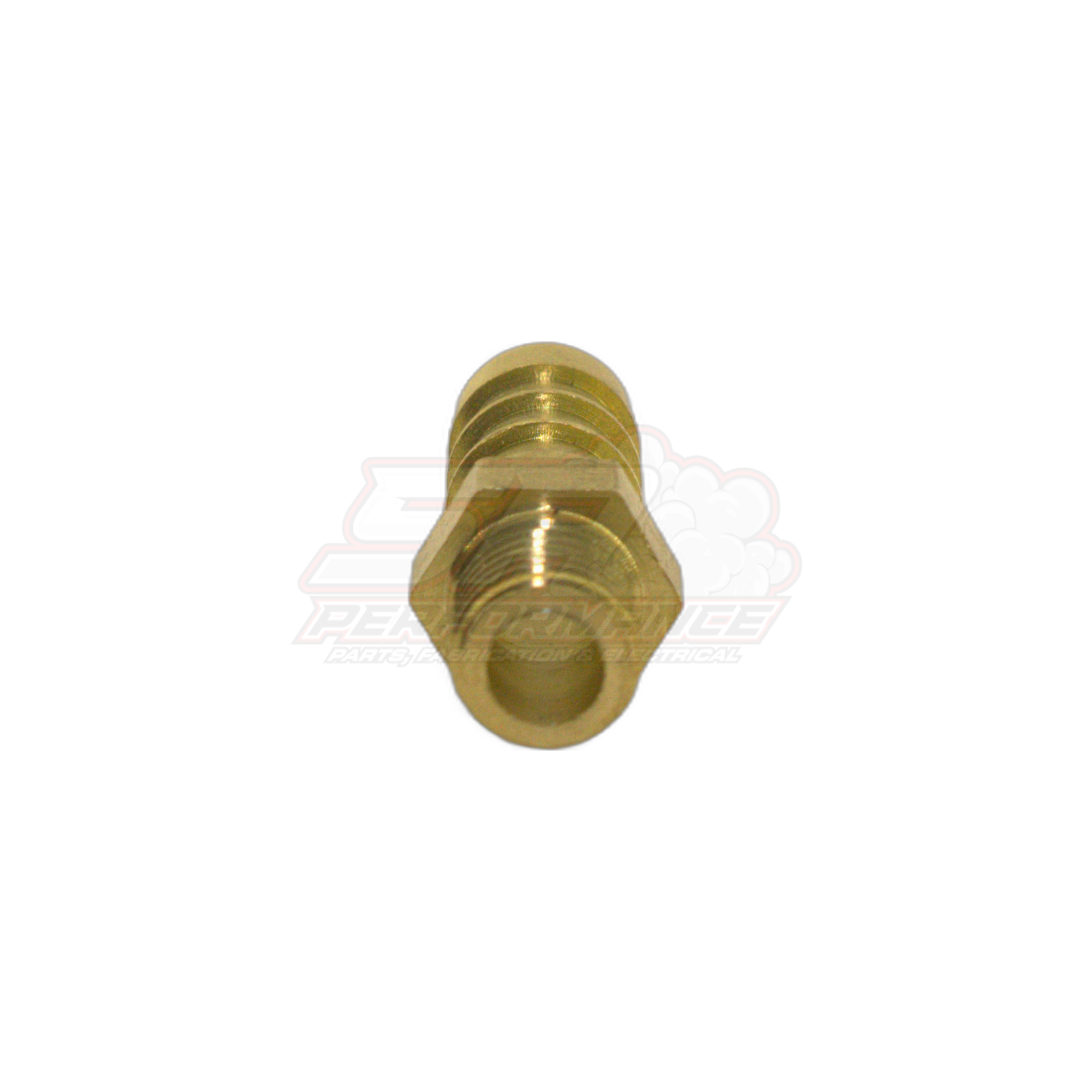 Brass M8 x 1.0 male metric to 8mm barb fitting angled view showing threaded end and hexagonal body with hollow bore