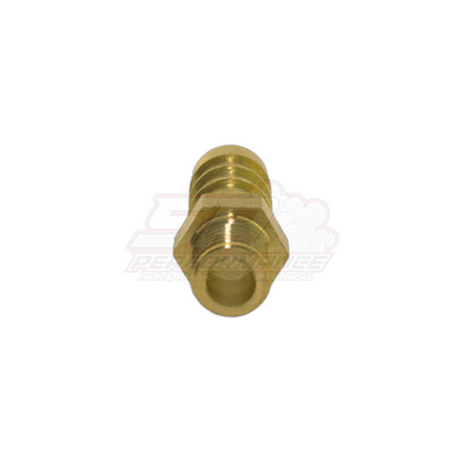 Brass M8 x 1.0 male metric to 8mm barb fitting angled view showing threaded end and hexagonal body with hollow bore