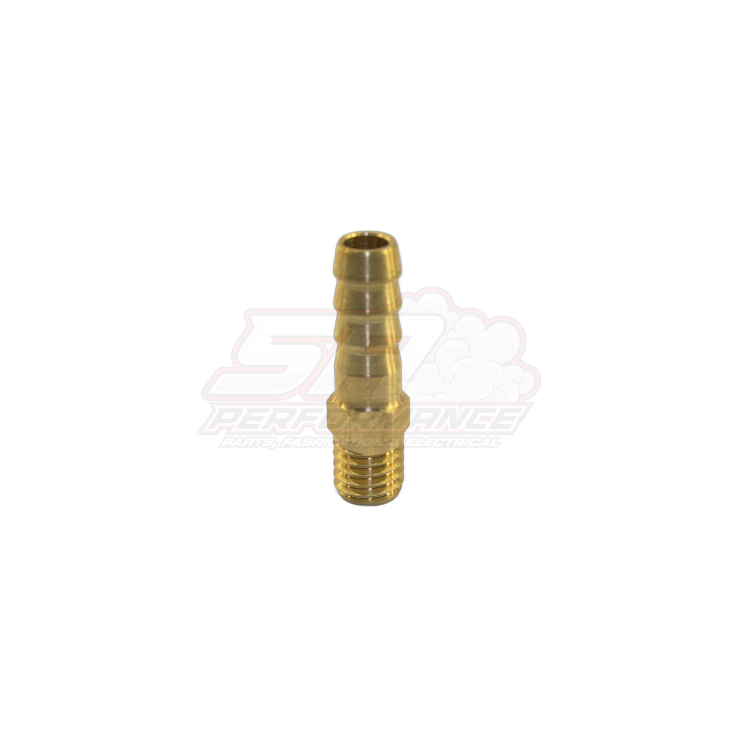 M8x1.25 male metric to 6mm 1/4 inch barb brass fitting side view showing threaded end and ribbed hose barb