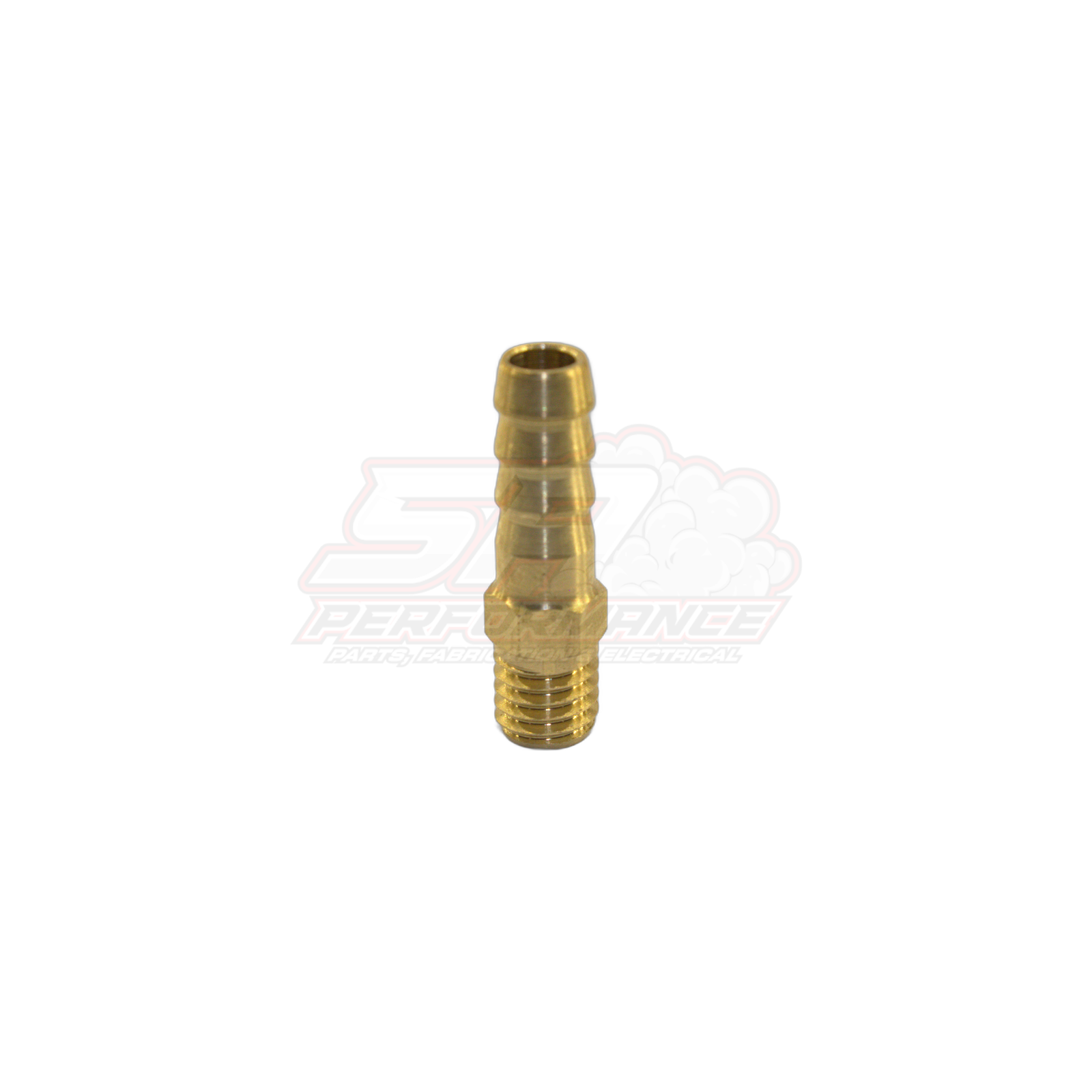 M8x1.25 male metric to 6mm 1/4 inch barb brass fitting side view showing threaded end and ribbed hose barb