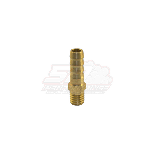 M8x1.25 male metric to 6mm 1/4 inch barb brass fitting side view showing threaded end and ribbed hose barb