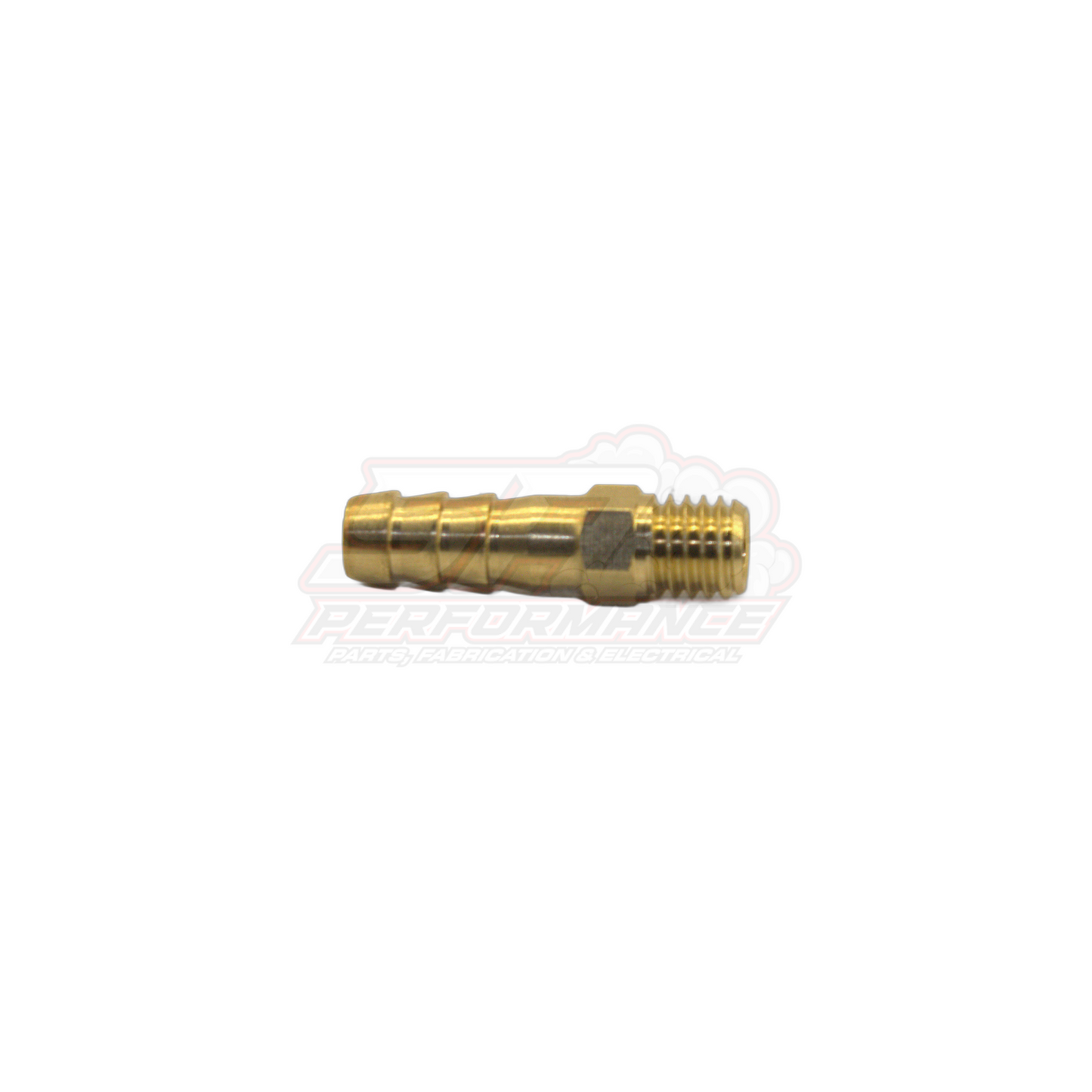 Side view of brass M8x1.25 male metric to 6mm barb fitting showing hex section and threaded male end with barbed hose connection