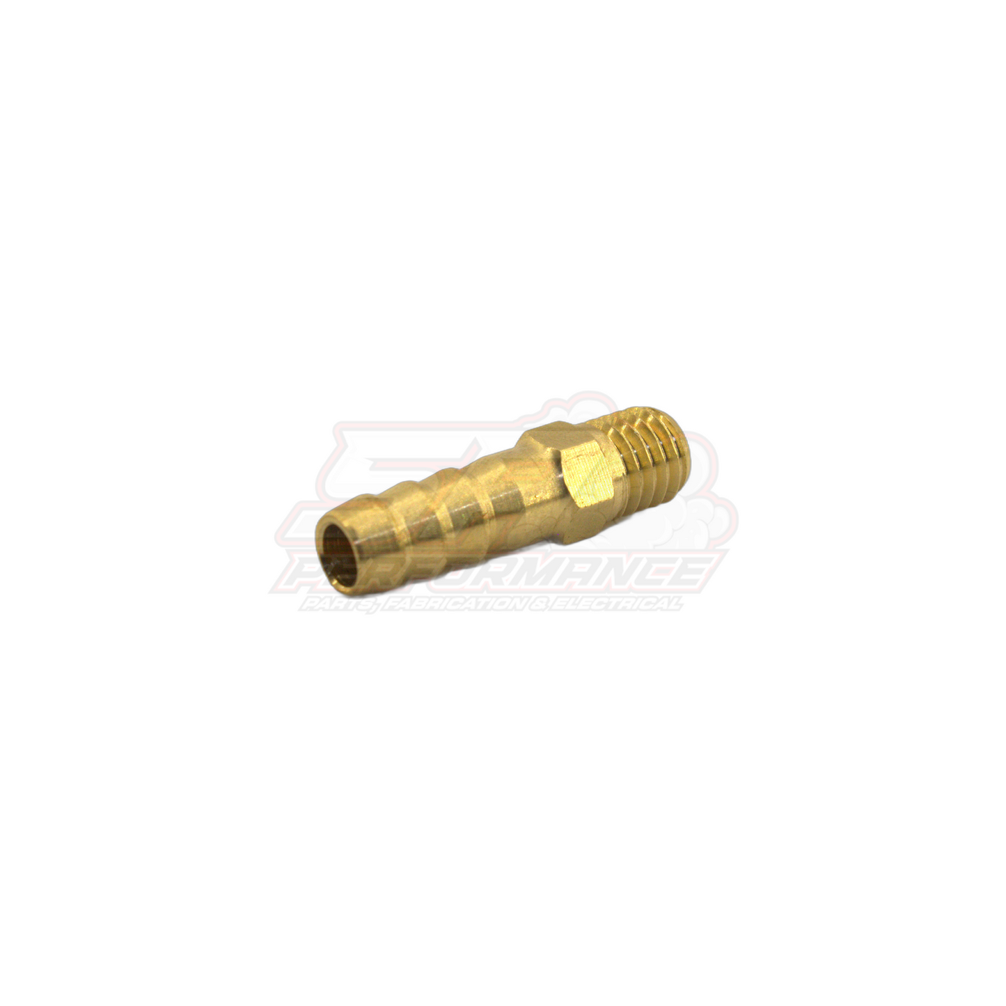 Brass M8x1.25 male metric to 6mm barb fitting angled side view showing threaded end and barbed connection