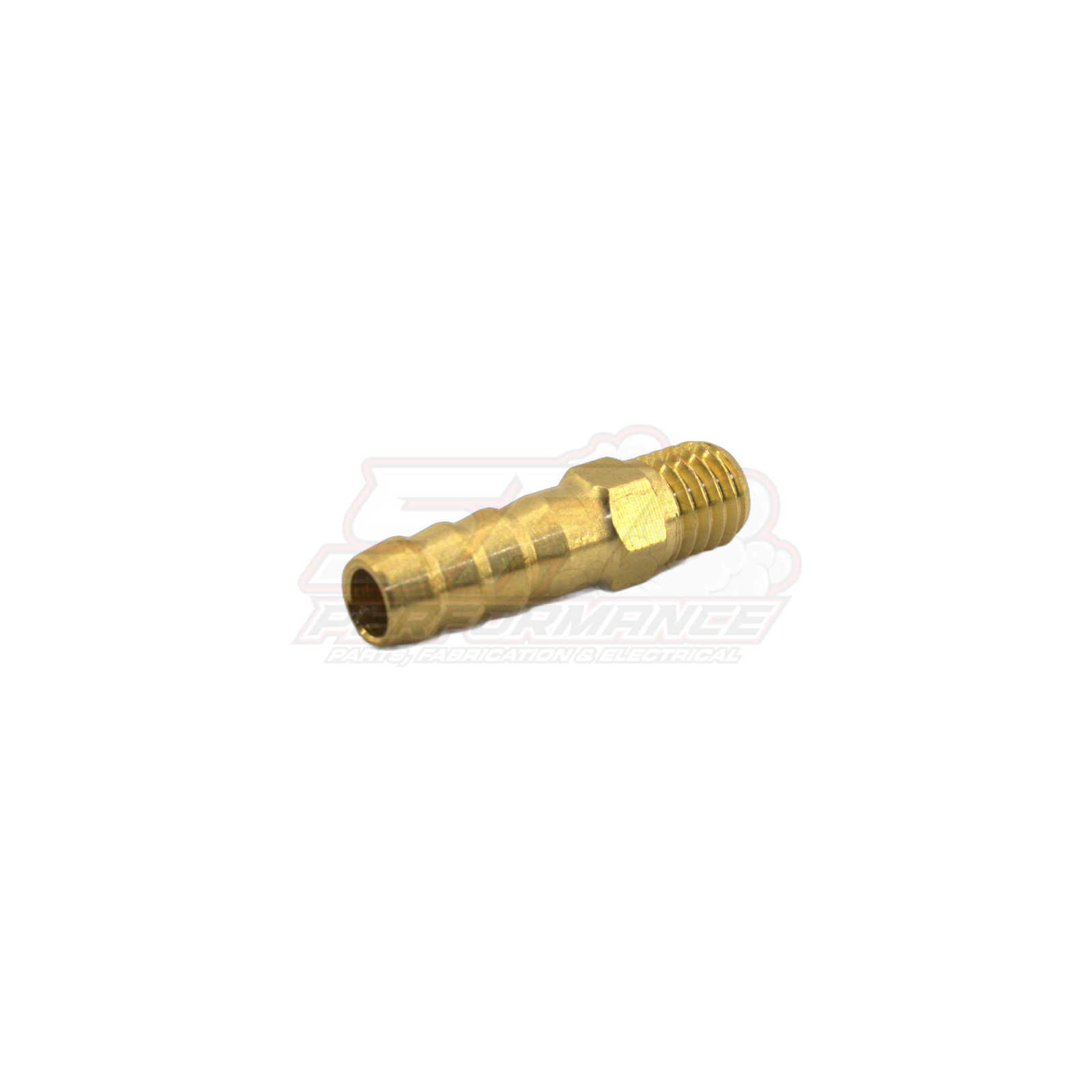 Brass M8x1.25 male metric to 6mm barb fitting angled side view showing threaded end and barbed connection