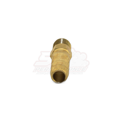 M8x1.25 male metric to 6mm 1/4 inch barb brass fitting angled view showing threaded end and hollow barb connection