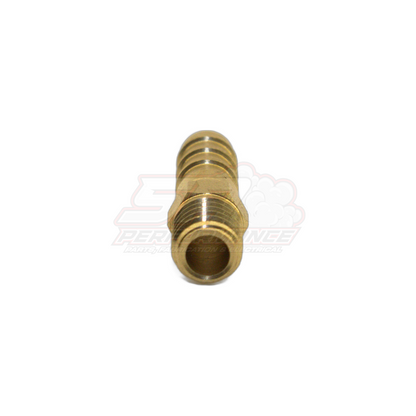 Brass M8x1.25 male metric to 6mm barb fitting angled view showing threaded end and stepped barb detail