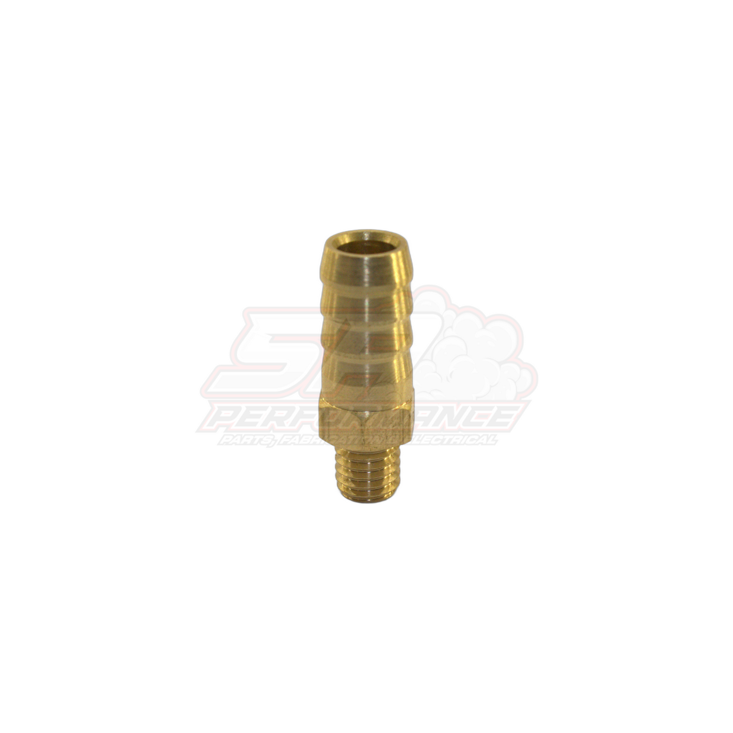 Brass M8x1.25 male metric to 10mm 3/8 inch barb fitting shown at angled side view with threaded end and ridged hose barb visible