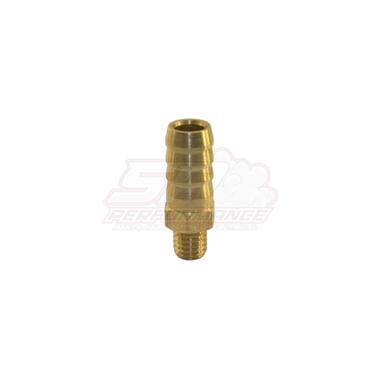 Brass M8x1.25 male metric to 10mm 3/8 inch barb fitting shown at angled side view with threaded end and ridged hose barb visible